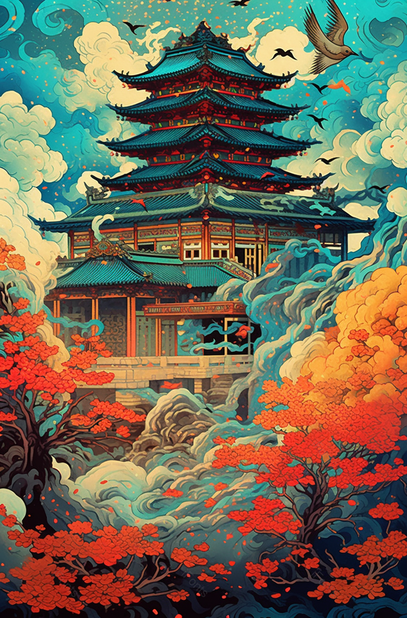 山中楼阁中国风国潮古典中国传统文化背景插画,插画/手绘图,插画/手绘图库,插画/手绘图下载,插画/手绘